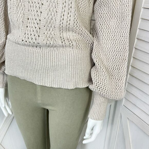 Happy Nature Ruffle Shoulder Mock Neck Open Weave Sweater Tan Beige Medium - Picture 7 of 13